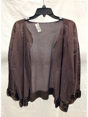 Zoran Brown Semi-Sheer Cotton w/ Sequin Trim Open Jacket One Size